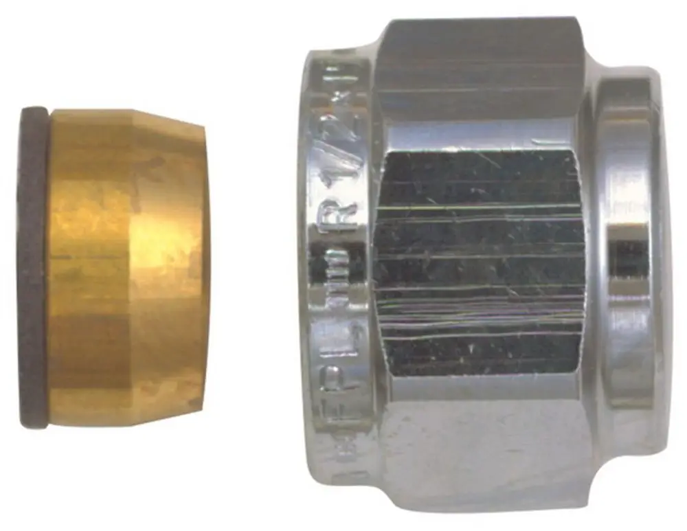 Kompressionsverschraubung aus Metall mit sechseckigem Abschnitt und einer golden gefärbten Komponente, Hersteller IMI Hydronic Engineering.
